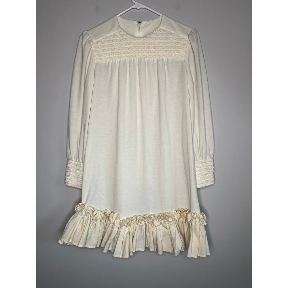 1970s Cora's Closet Cream Smocked Ruffle Cottage Coquette Hippie Boho Dress M